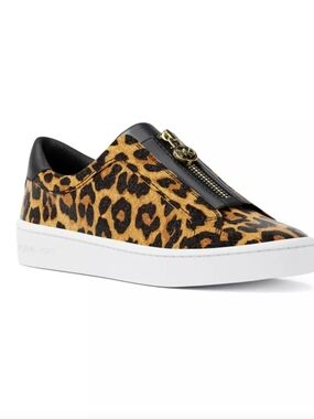 Michael Kors Leopard Print Zip-Front Slip-On Sneakers - Black & Brown Size 8.5